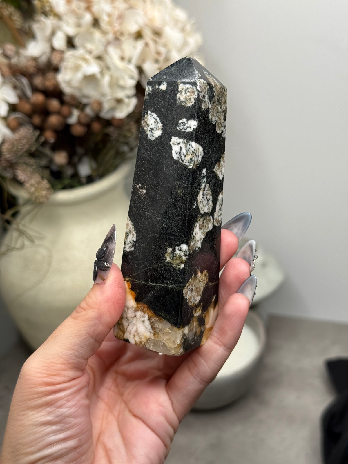 Snowflake Obsidian Tower Crystal Carving B