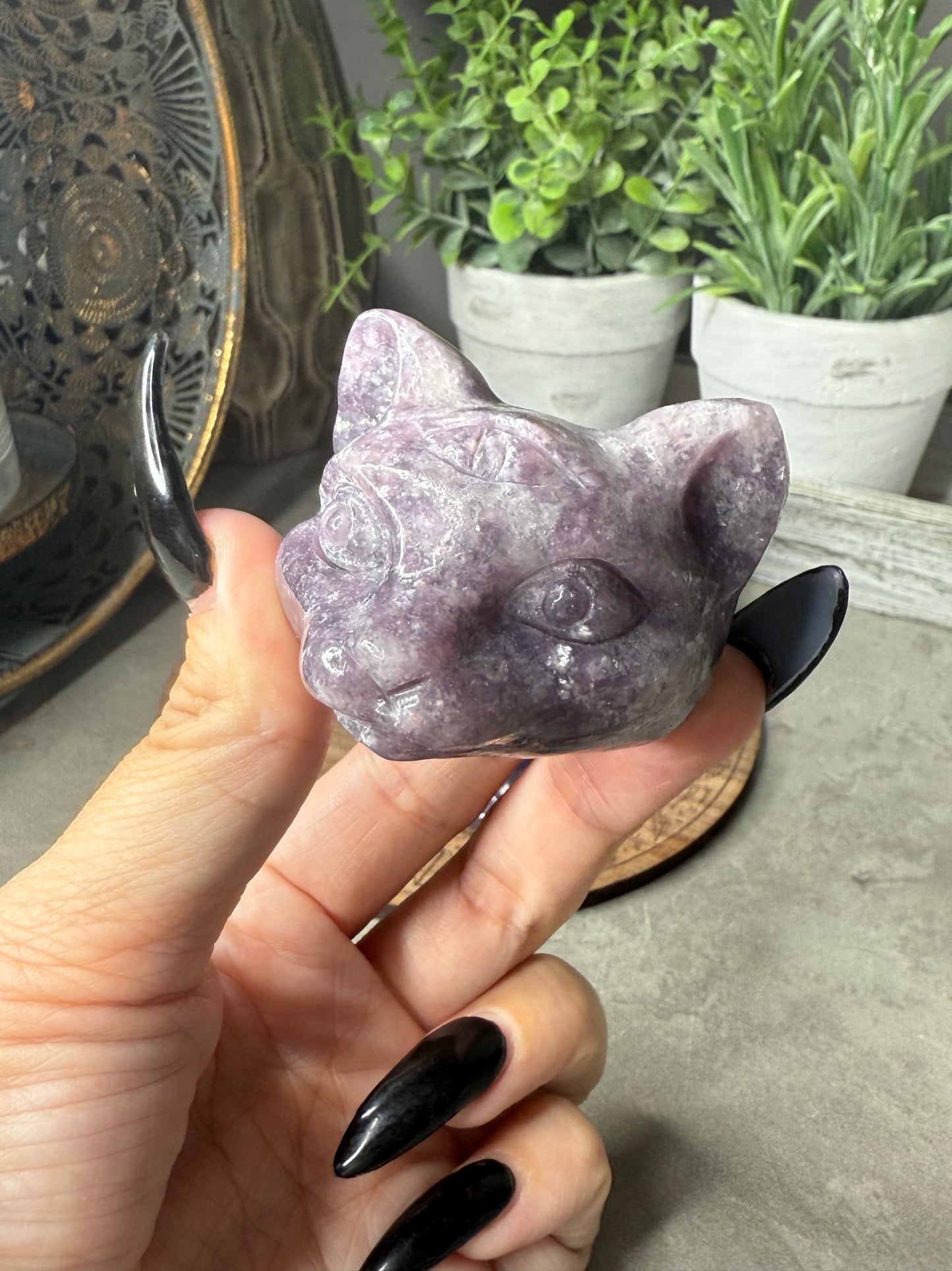 Three Eyed Lepidolite Cat Crystal Carvings