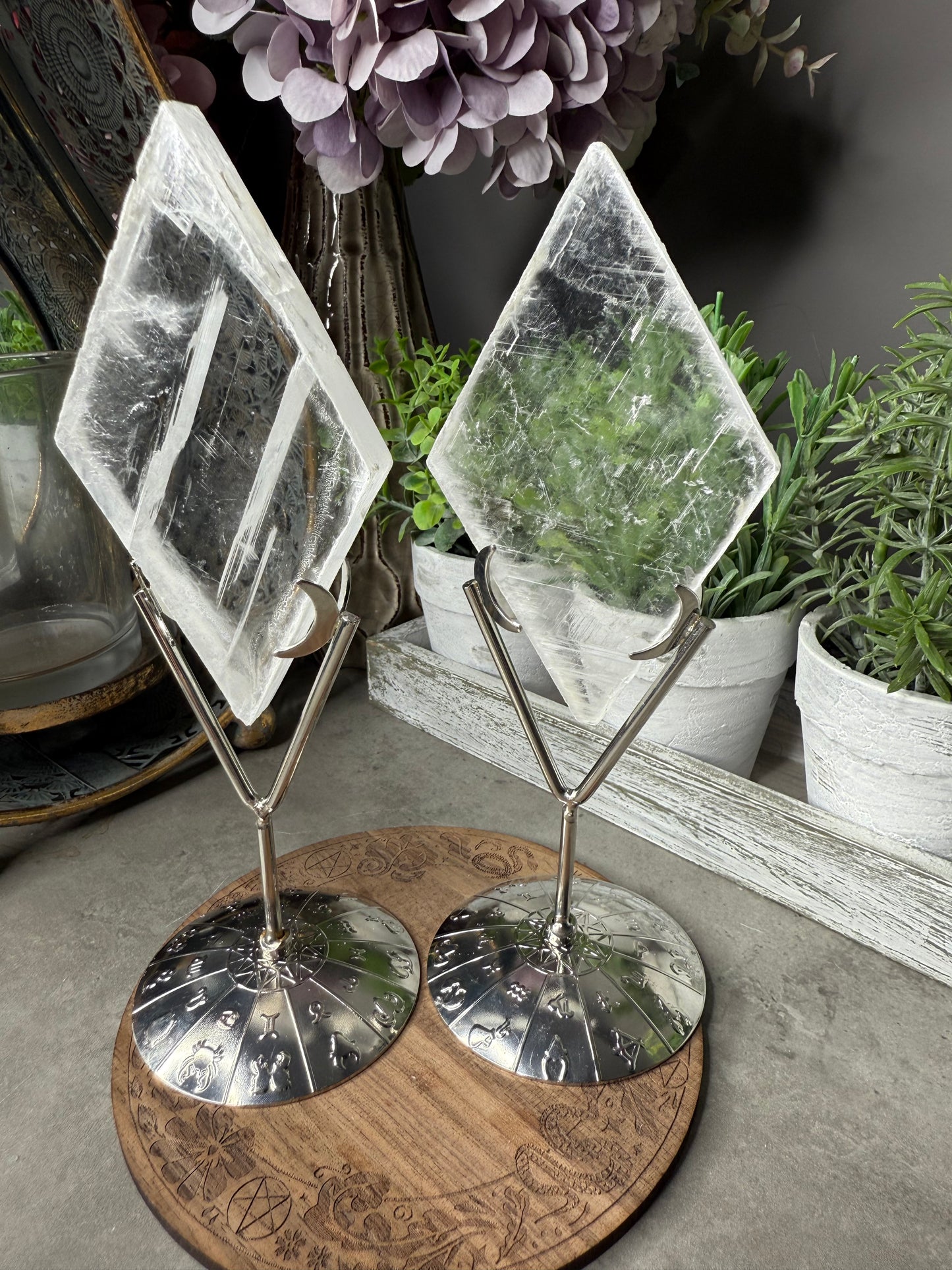 Selenite Rhombus Crystal on Silver Stand