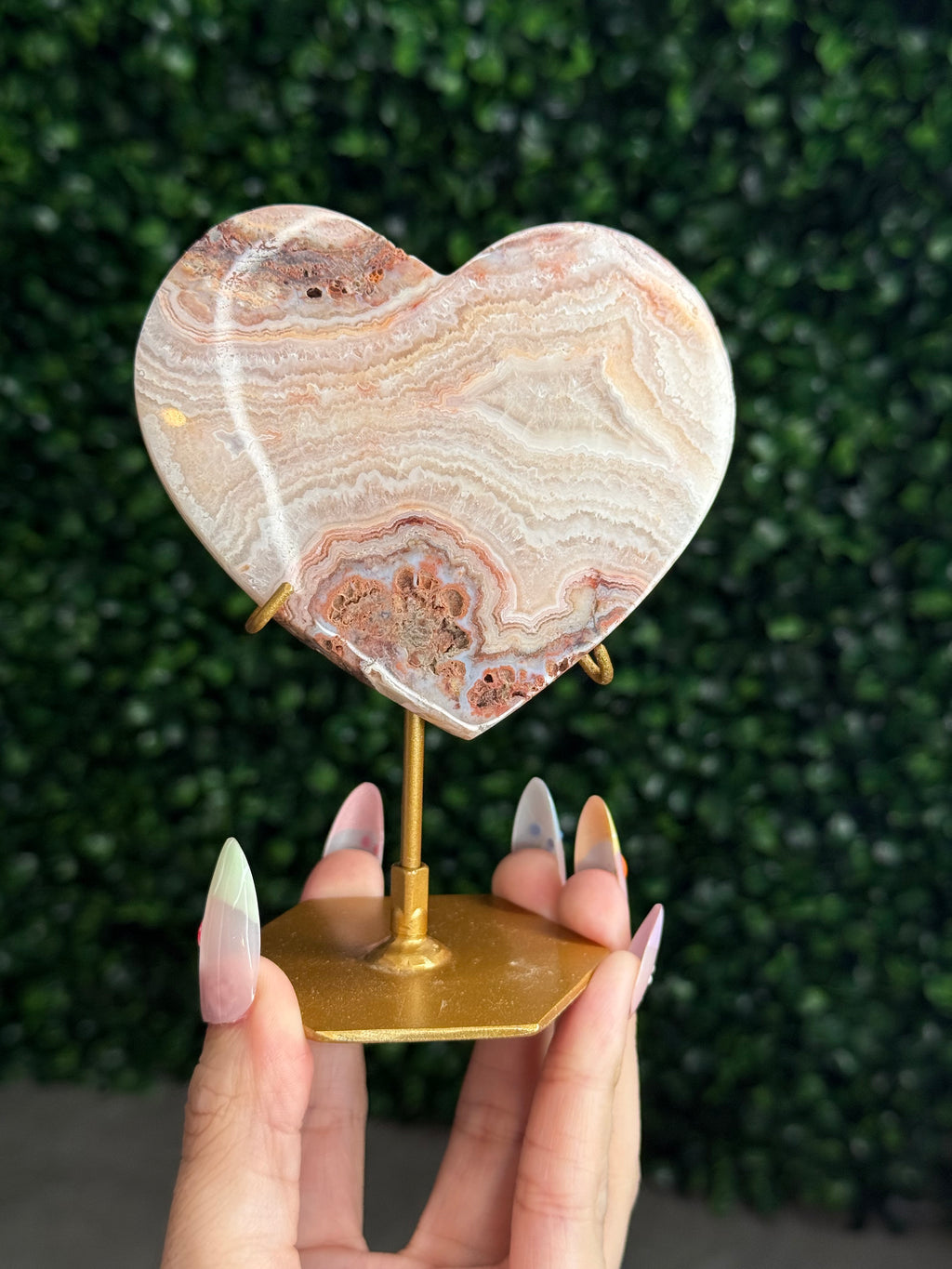 Pink Crazy Lace Agate Heart Crystal Carving - Indonesia