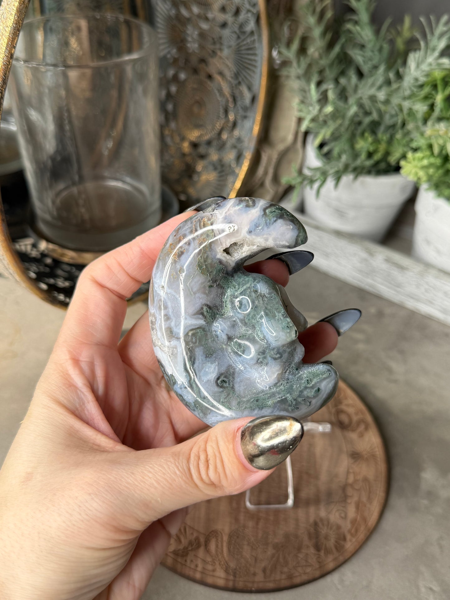 Druzy Moss Agate Moon Bunny