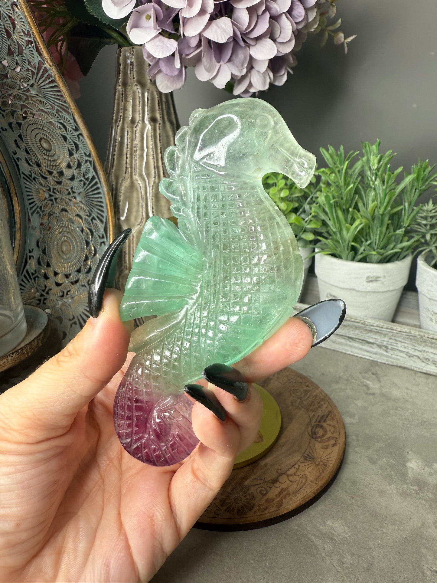 Rainbow Fluorite Seahorse with Gold Stand