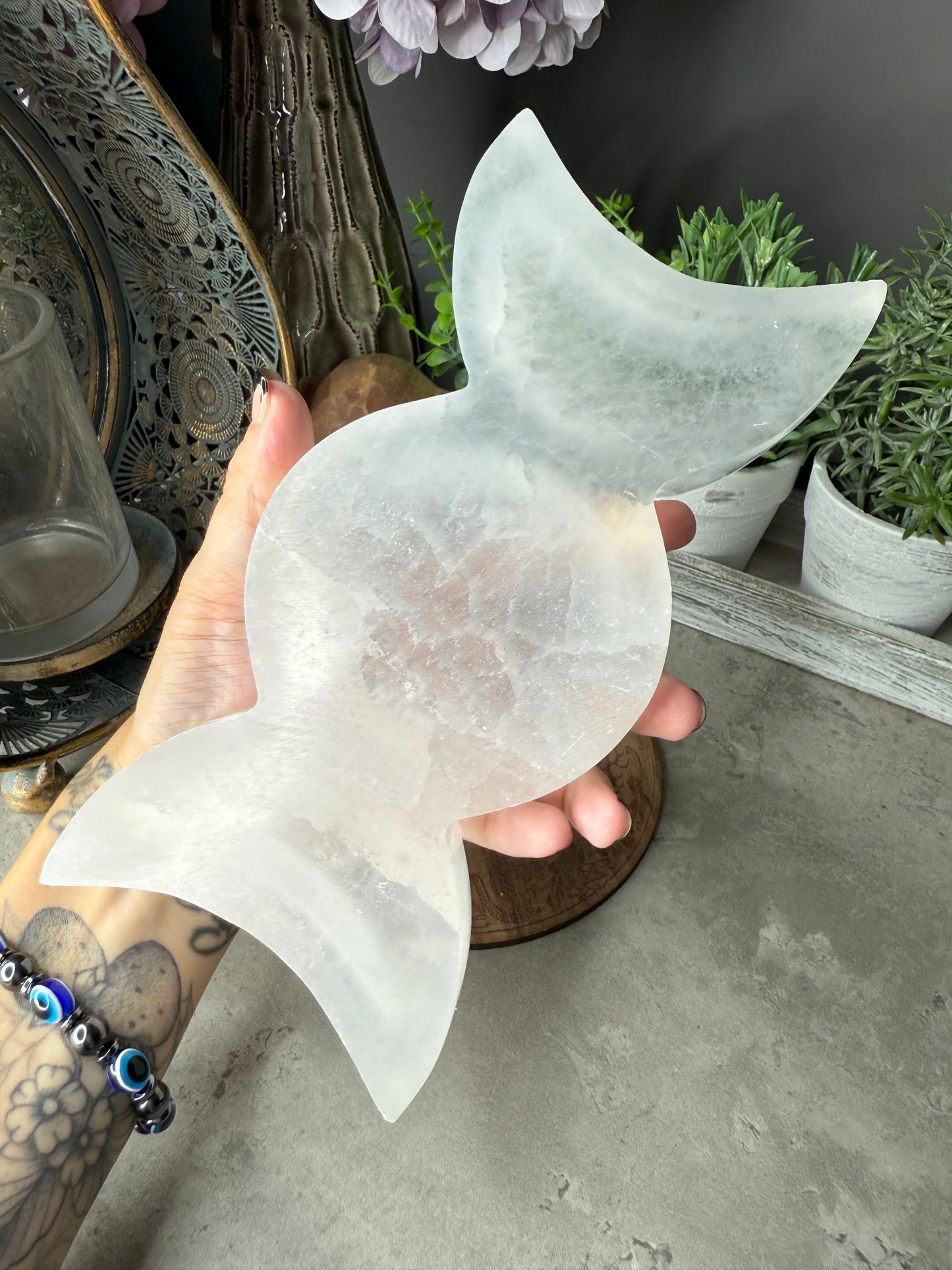 Triple Moon Selenite/Satin Spar Large Crystal Tray Witchcraft Alter