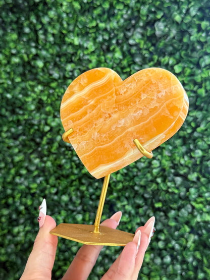Orange Calcite Heart with Custom Gold Stand from India W