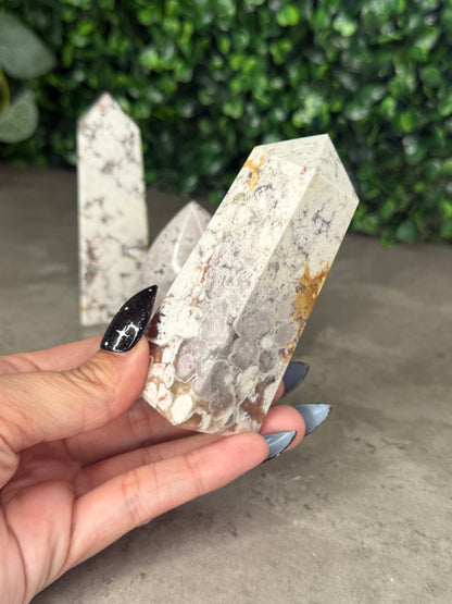 White and Pink Cobra Jasper Crystal Carvings Teardrop and Towers
