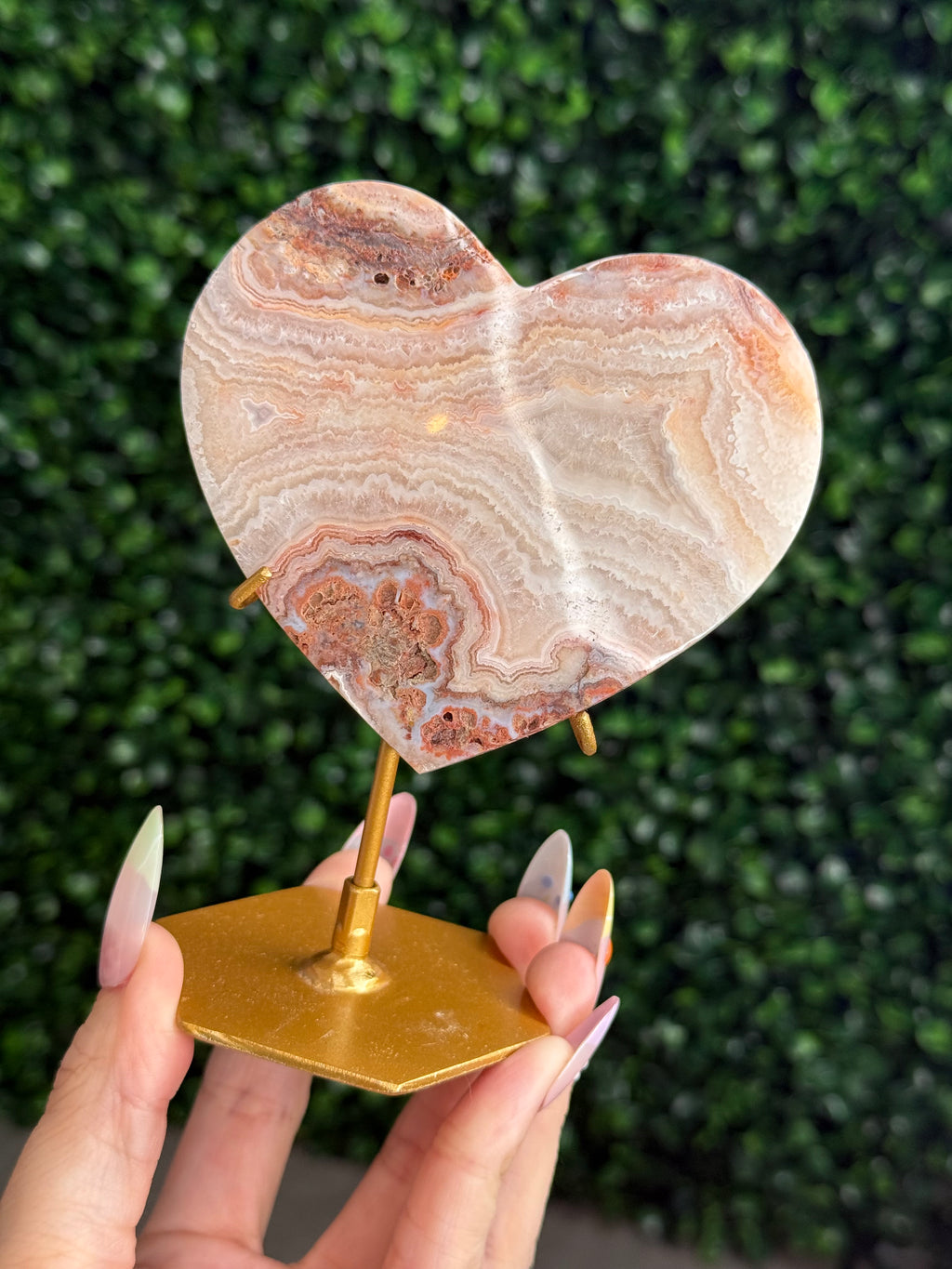 Pink Crazy Lace Agate Heart Crystal Carving - Indonesia