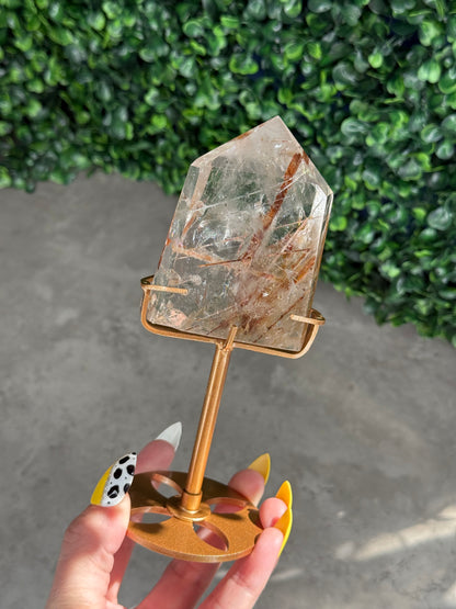 Golden Rutile in Quartz with Custom Gold Stand - Brazil