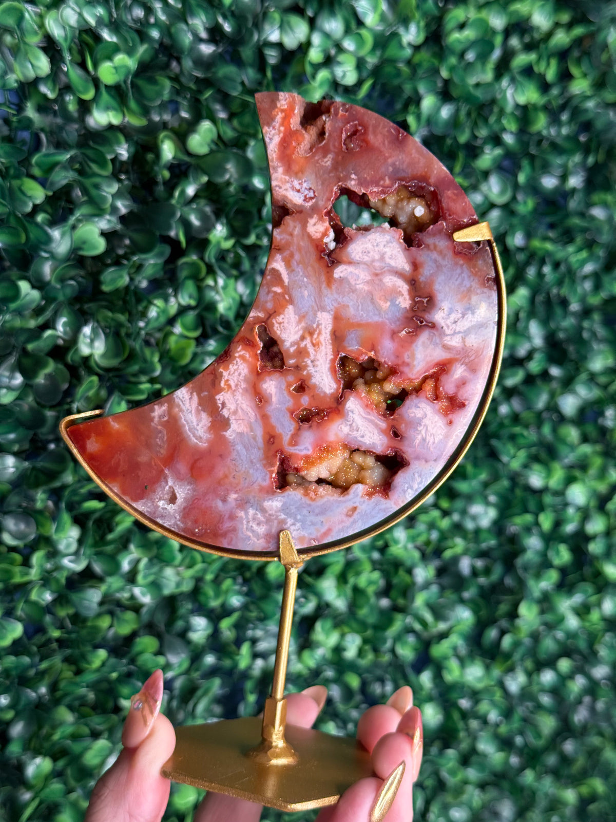 Colourful Carnelian Moon from Indonesia with gold stand