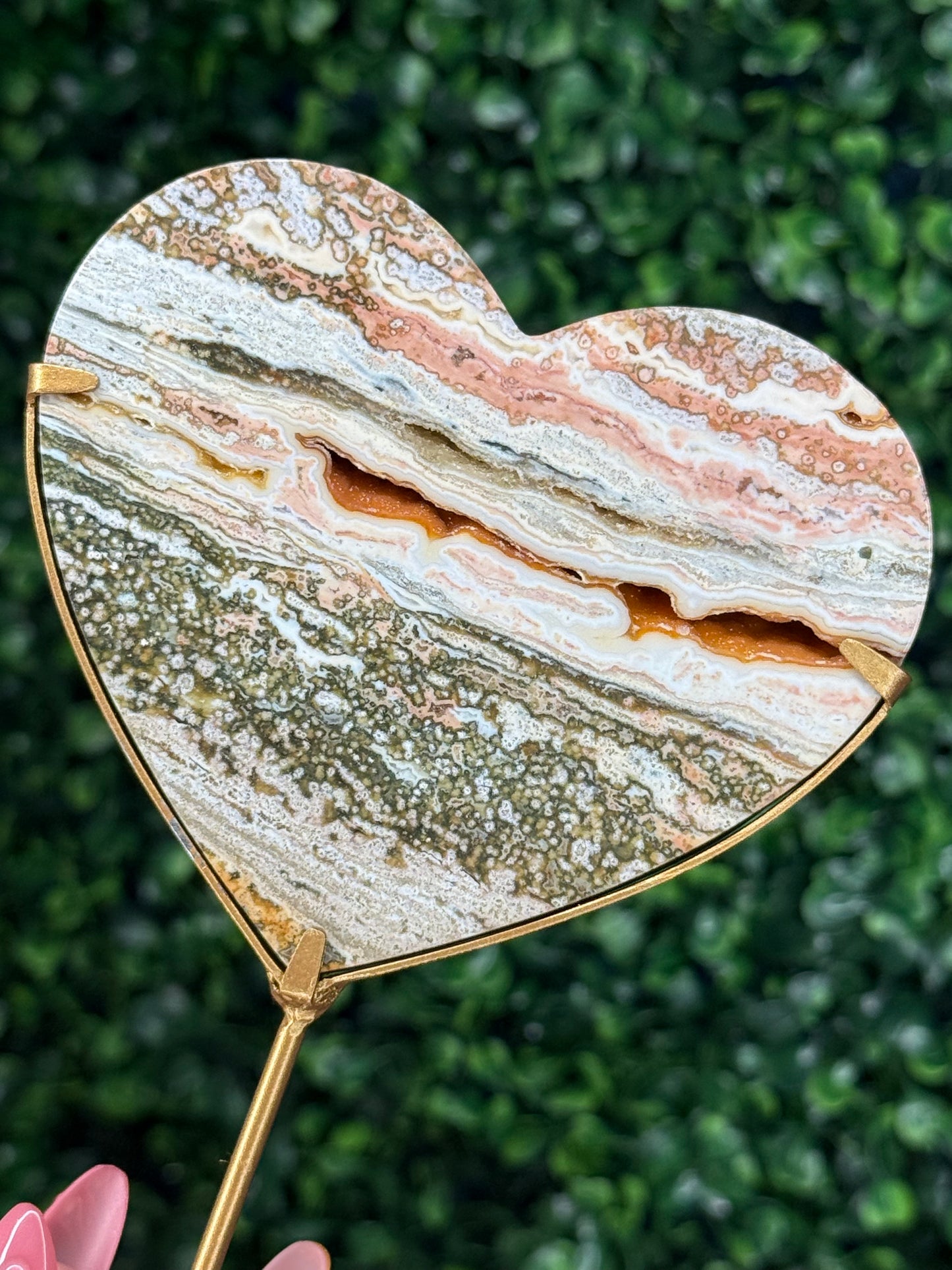Pink Ocean Jasper Heart Crystal carving from Indonesia