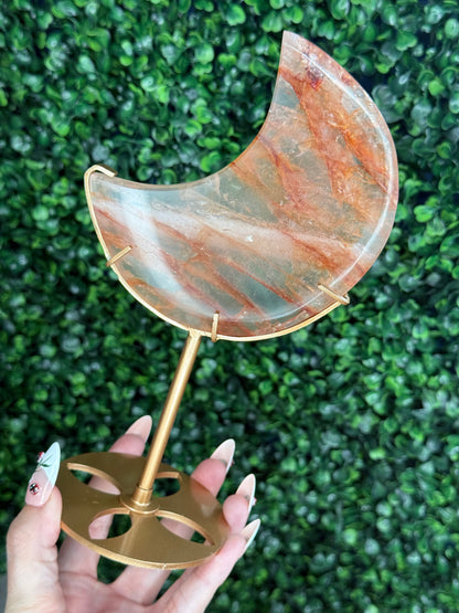 HQ Fire Quartz Moon Crystal Carvings with gold stand