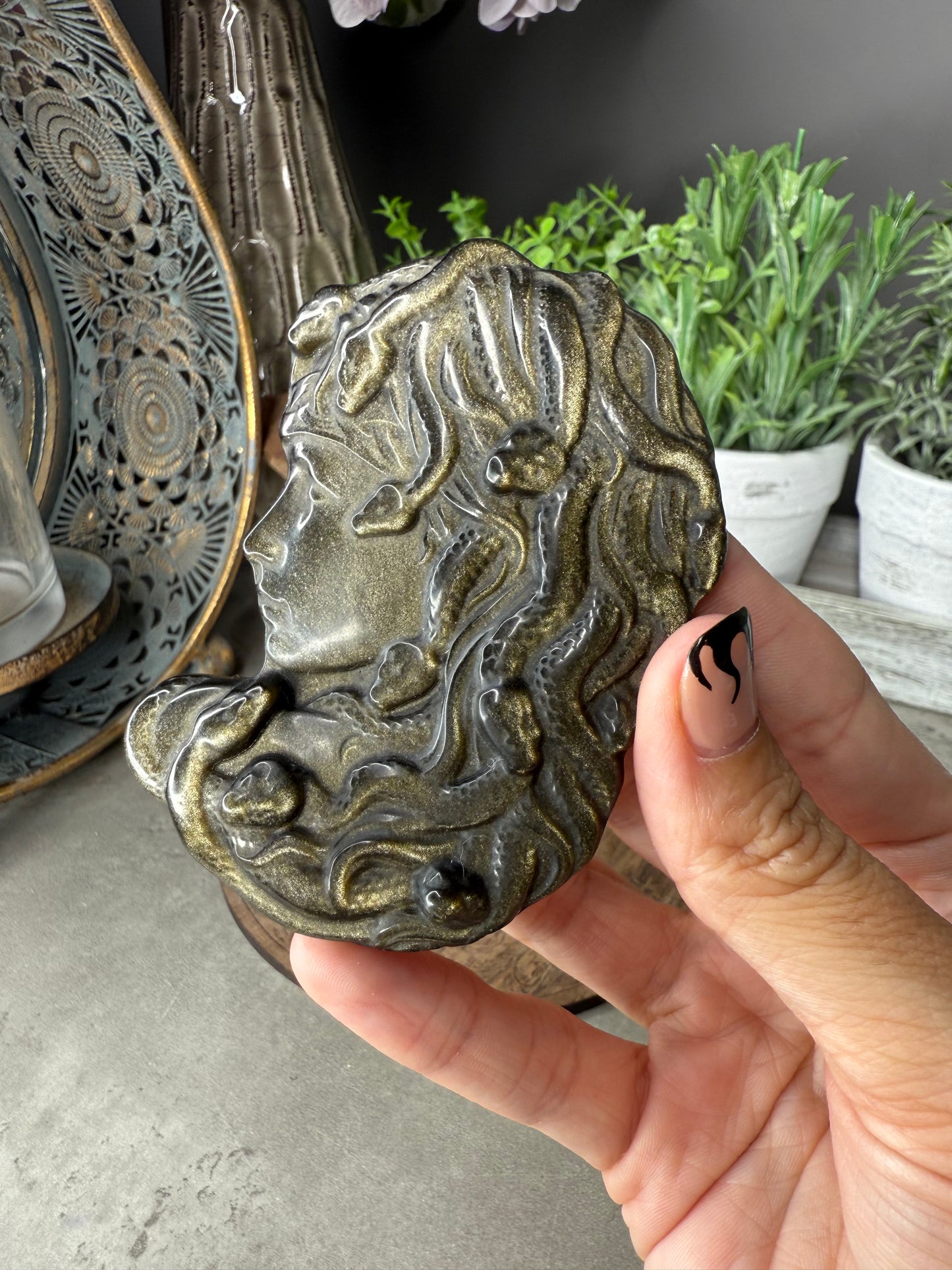 Gold Sheen Obsidian Medusa Crystal Carving - 31g
