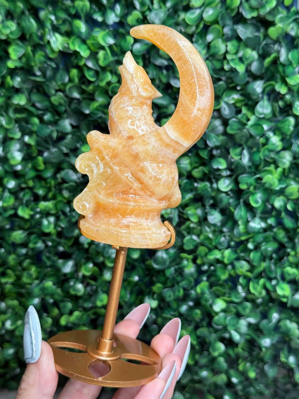 Orange Calcite Wolf & Moon Crystal Carving