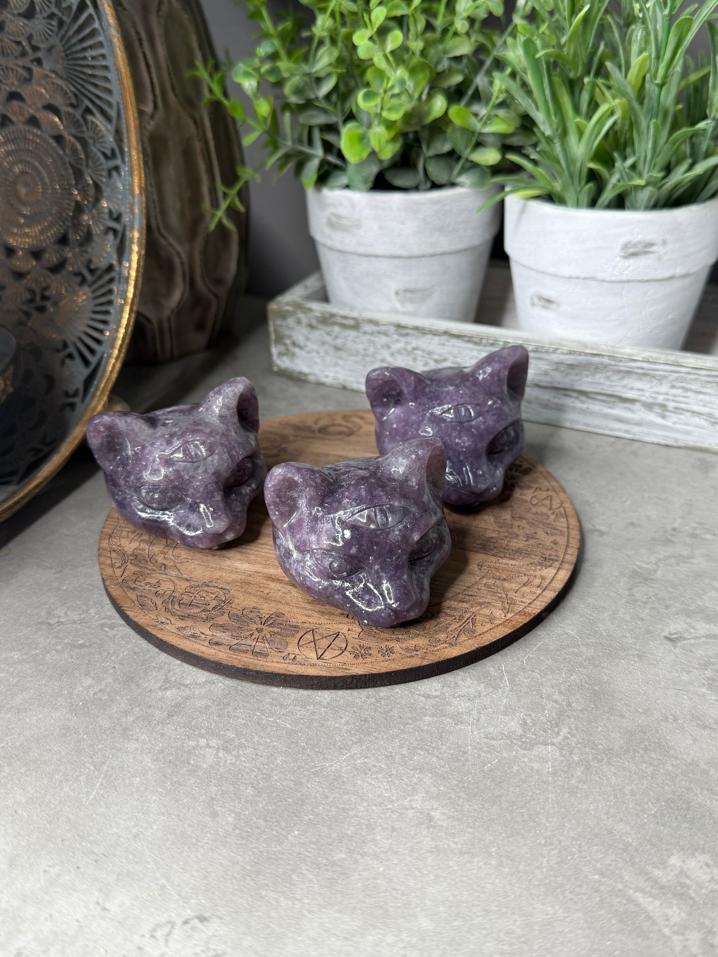 Three Eyed Lepidolite Cat Crystal Carvings