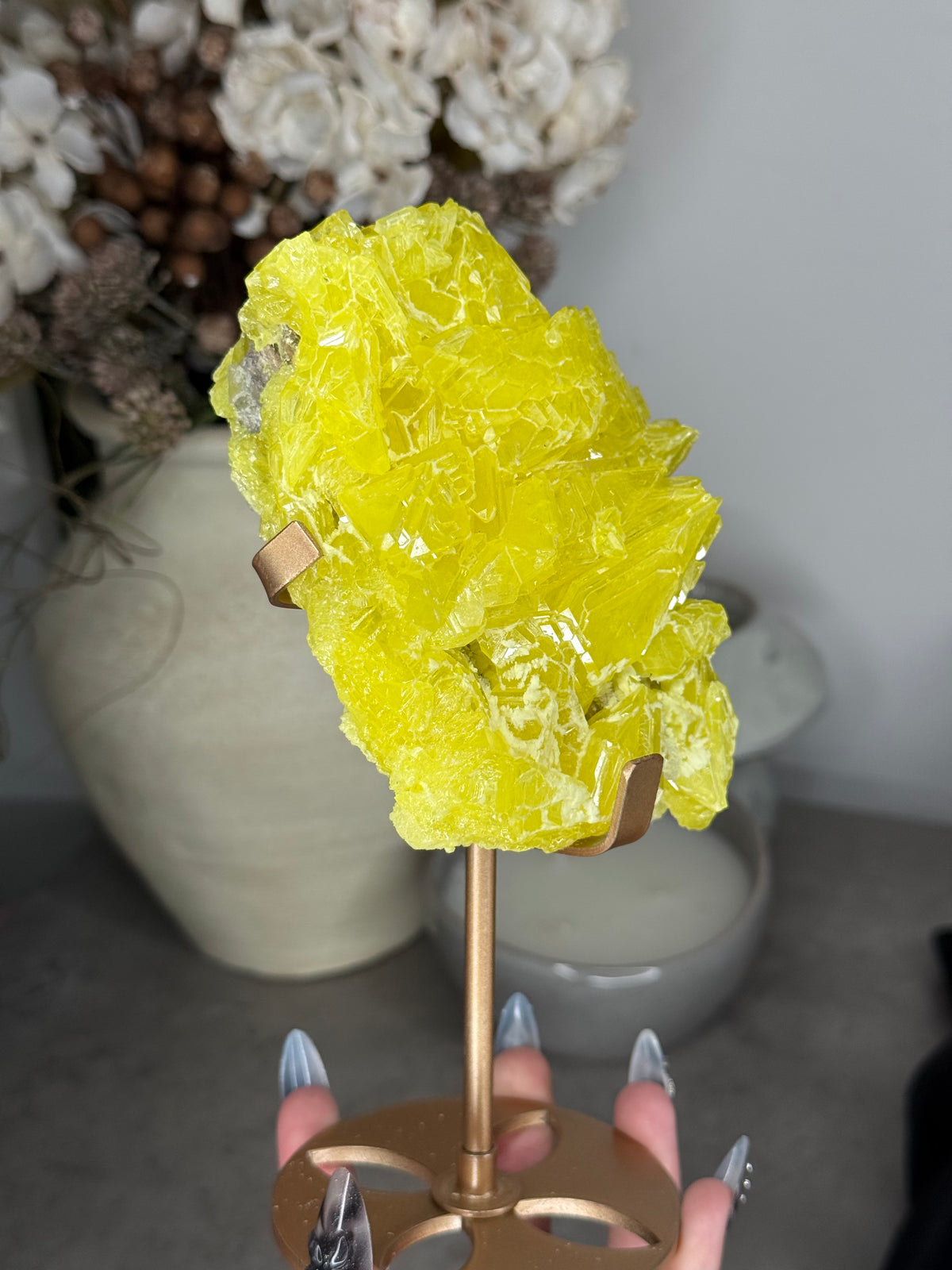 Sulphur Specimen with Custom Gold Stand - A