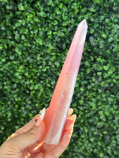 Pink Jelly Agate Obelisk Tower Crystal Carving - E 148