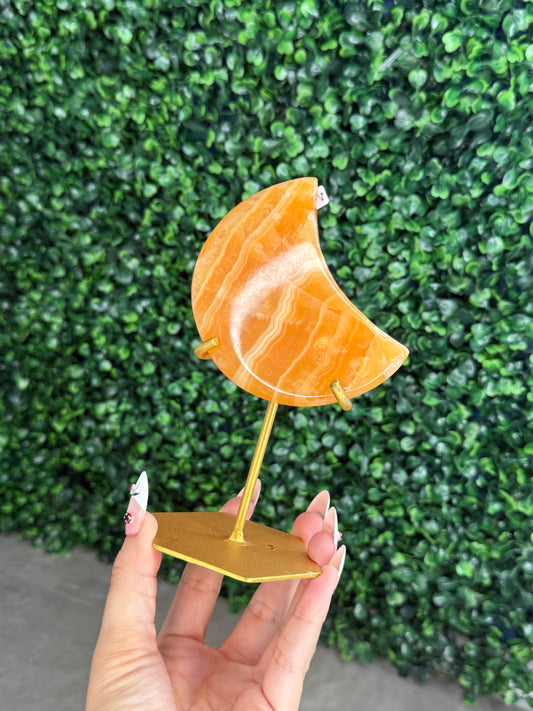 Orange Calcite Moon with Custom Gold Stand from India V