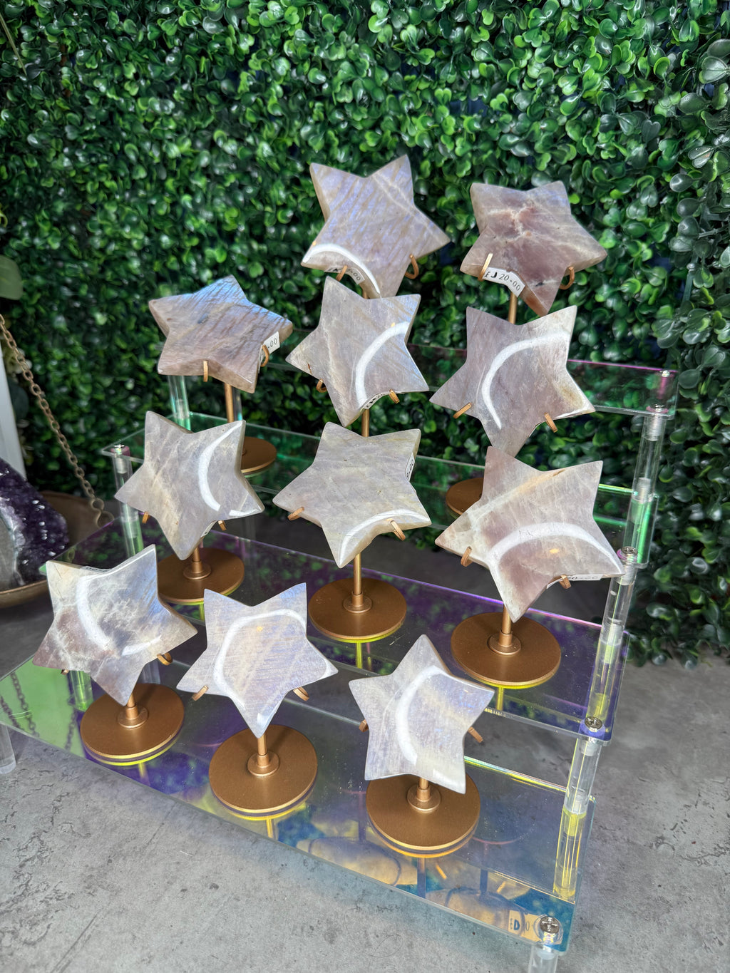 Moonstone Star Carving with Gold Stand – Choose Your Piece (60g–119g)