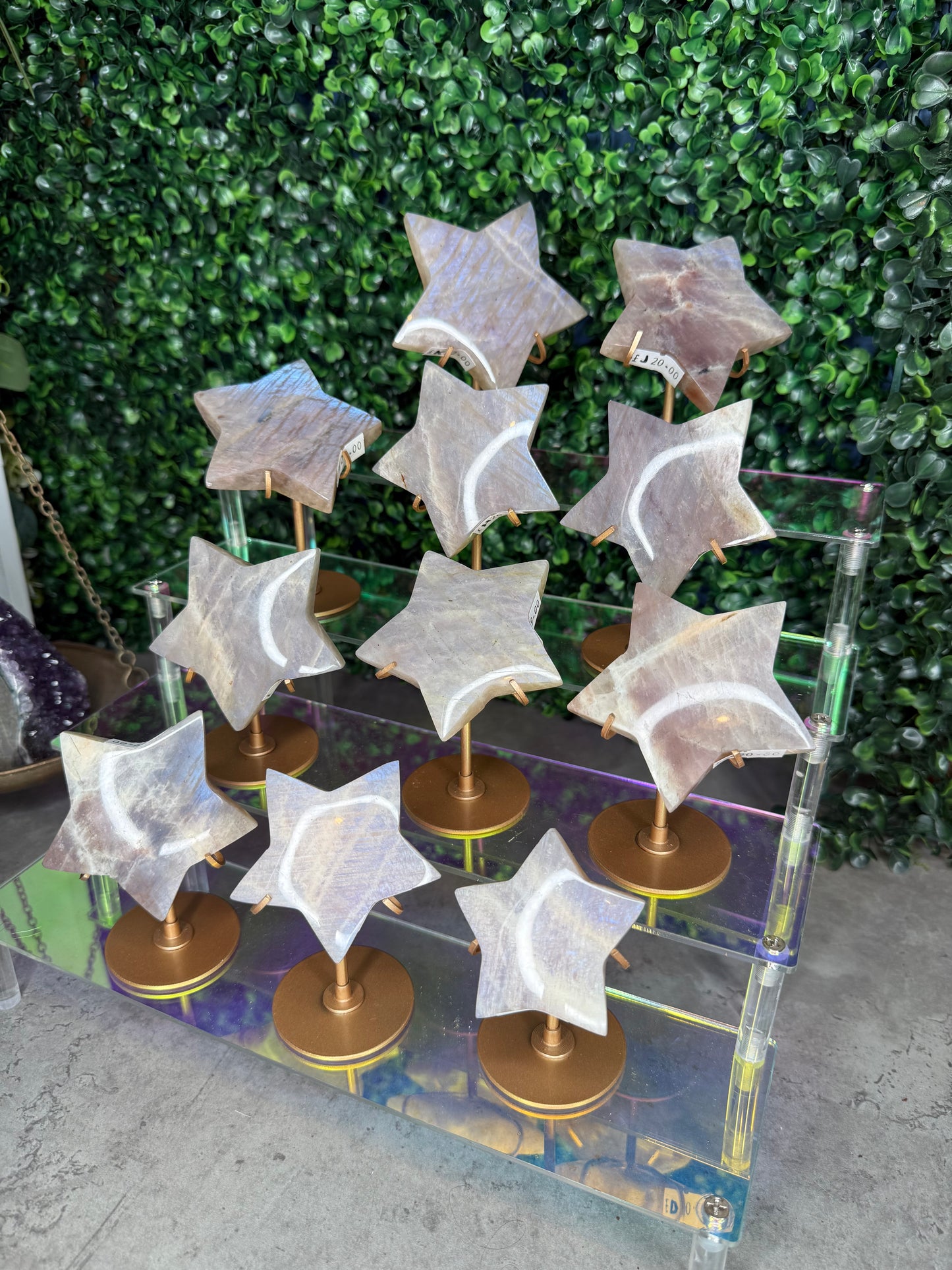 Moonstone Star Carving with Gold Stand – Choose Your Piece (60g–119g)