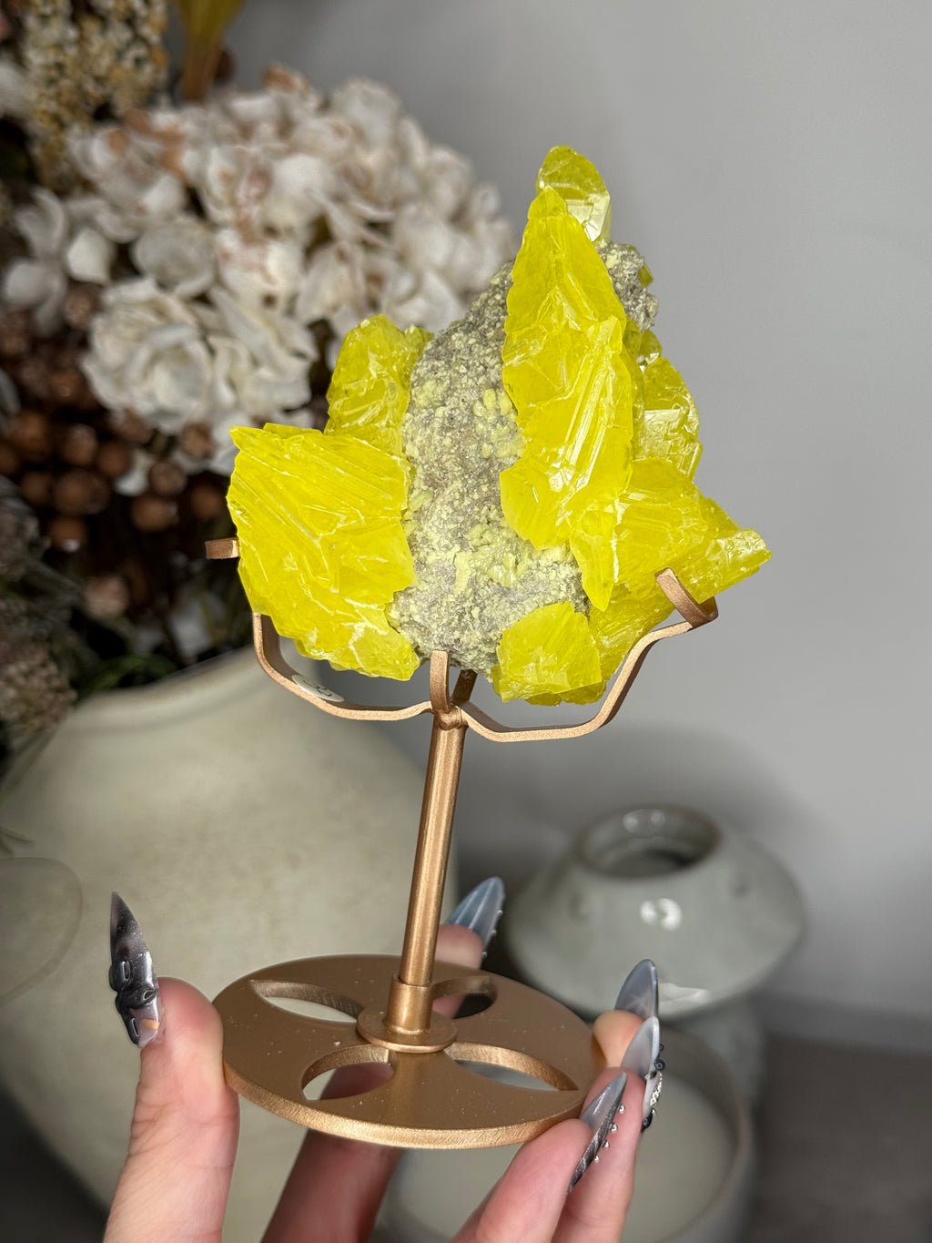 Sulphur Specimen with Custom Gold Stand - C