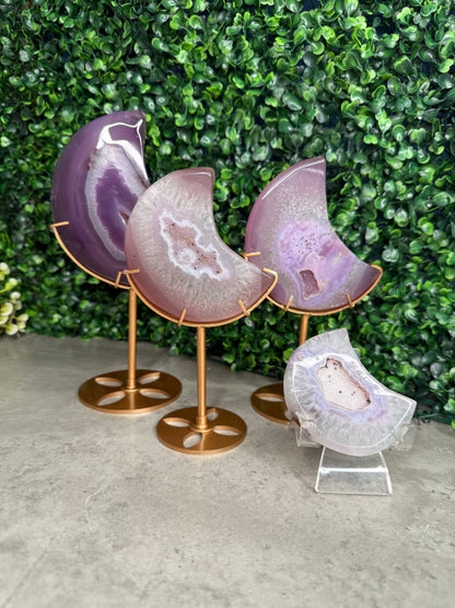 Jelly Agate Crystal Carvings Moons with Gold Stands