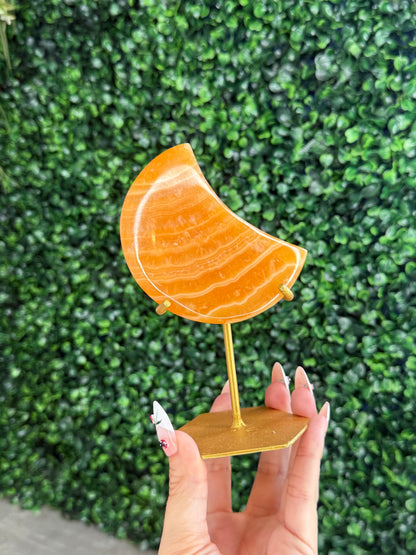 Orange Calcite Moon with Custom Gold Stand from India D