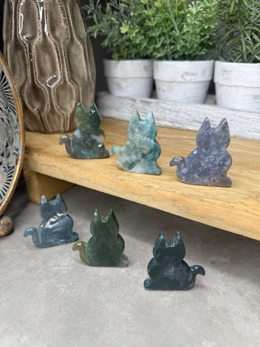 Moss Agate Crystal Cat Carvings