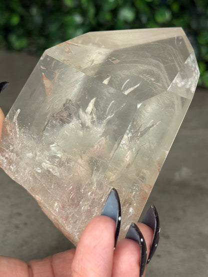 Brazilian Phantom Clear Quartz Freeform on Gold Stand