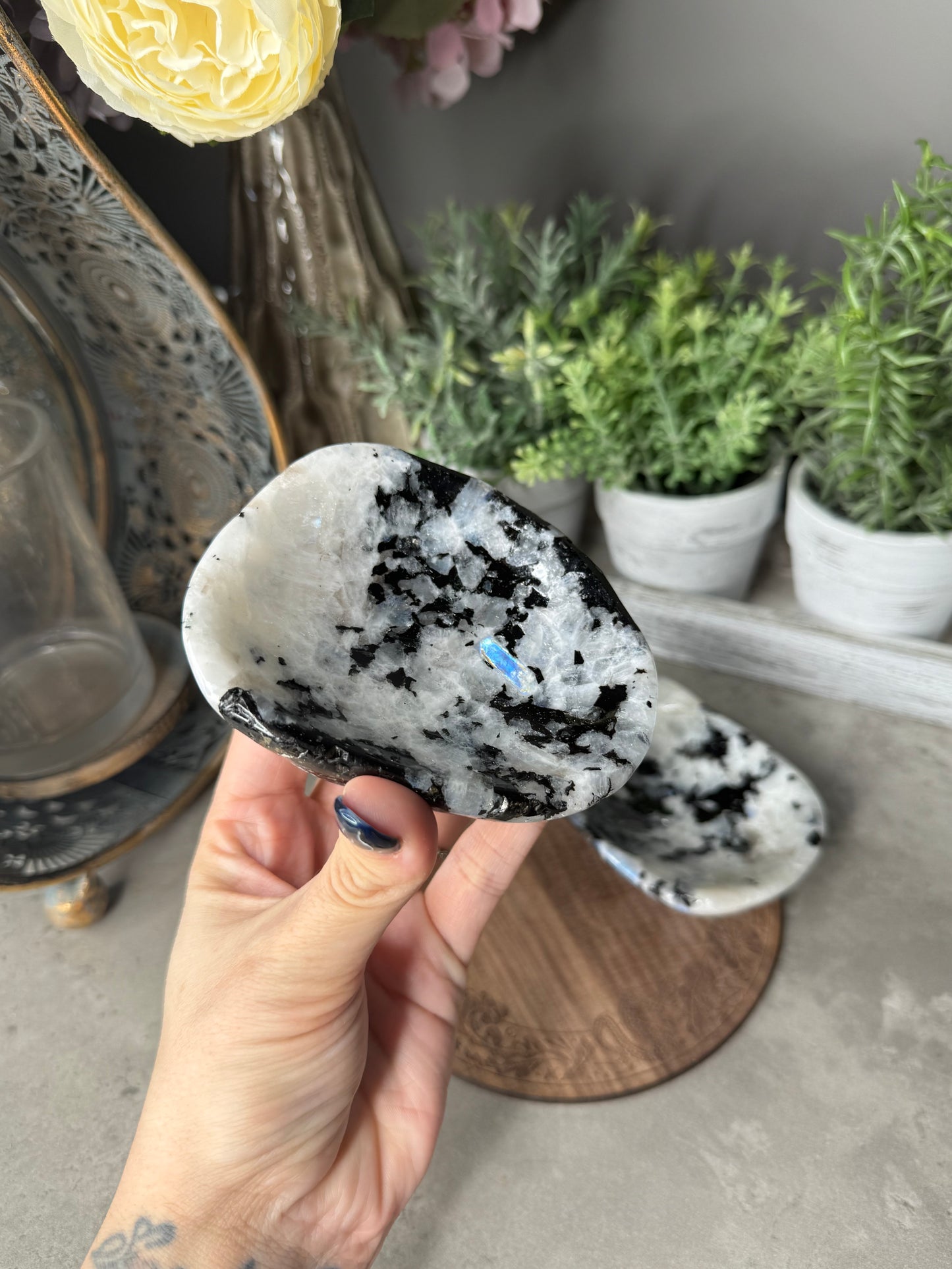 Rainbow Moonstone Crystal Bowl with Pyrite Inclusions
