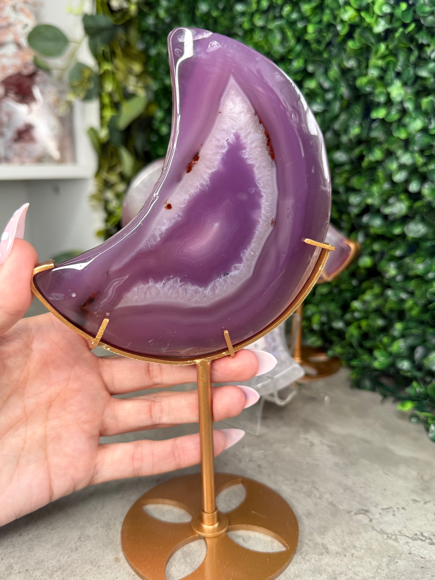 Jelly Agate Crystal Carvings Moons with Gold Stands