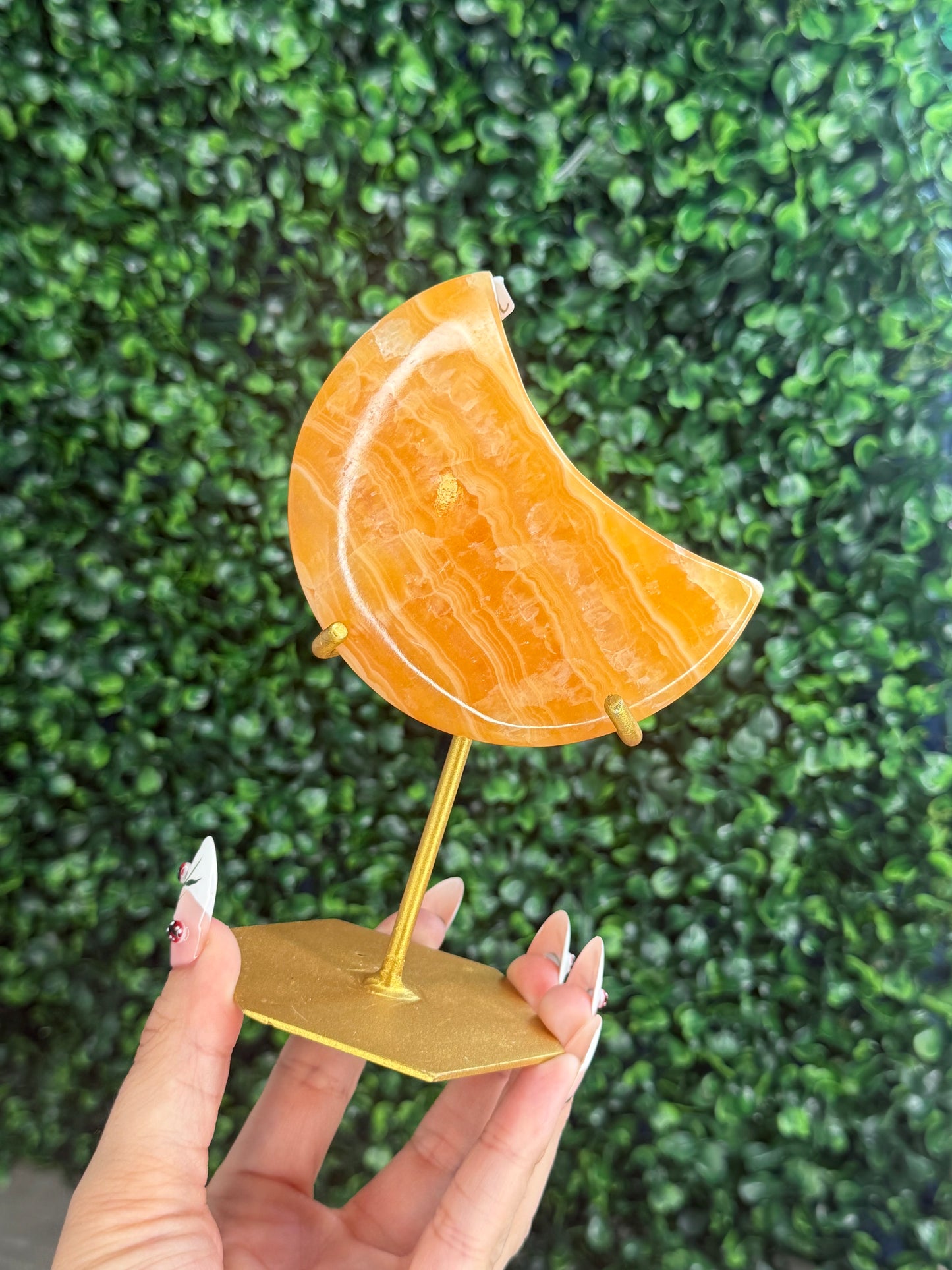 Orange Calcite Moon with Custom Gold Stand from India J