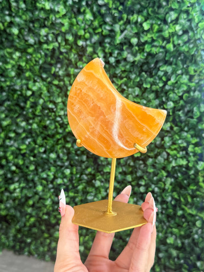 Orange Calcite Moon with Custom Gold Stand from India J