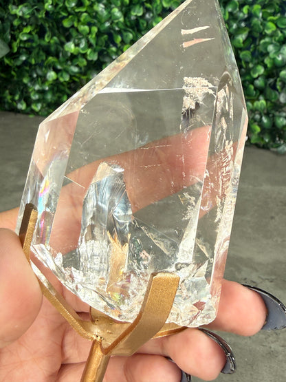 Brazilian Clear Quartz Freeform on Gold Stand — Rainbow Inclusions