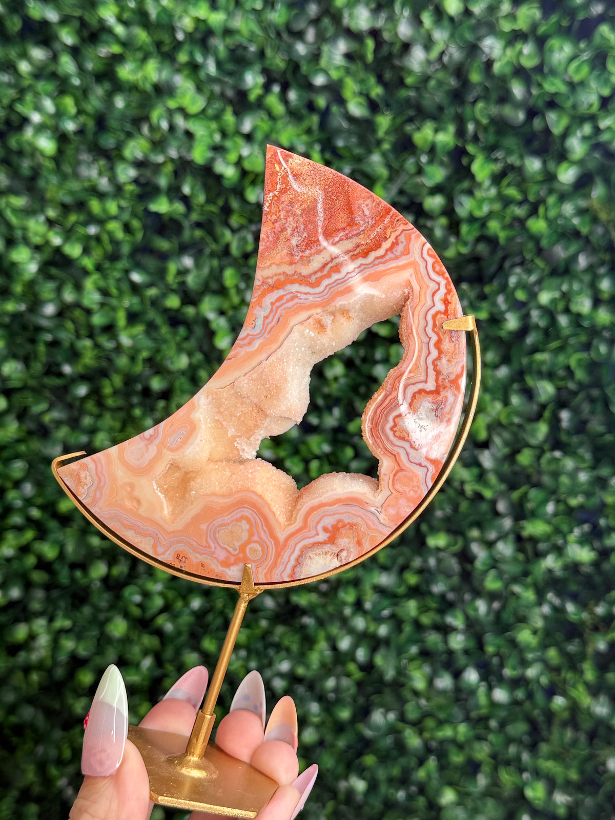 Pink Crazy Lace Agate Moon Crystal Carving - Indonesia