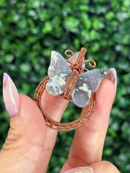 Wire Wrapped Blue Plume Agate Butterfly Crystal Carving Pendant from Indonesia