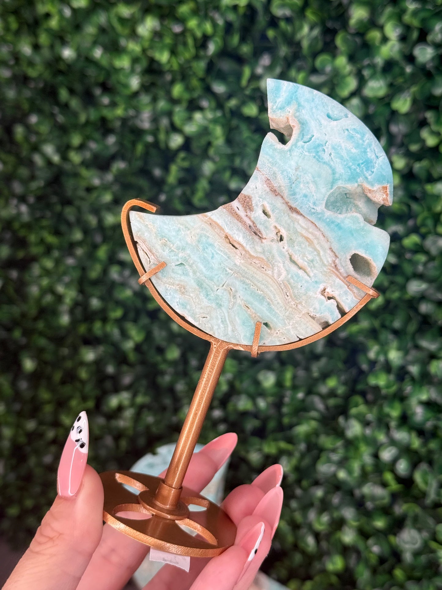Blue Aragonite Crystal Moon Carvings with Custom Stands