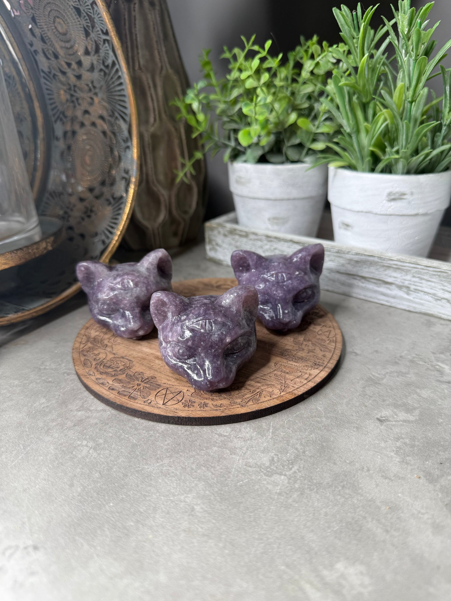 Three Eyed Lepidolite Cat Crystal Carvings