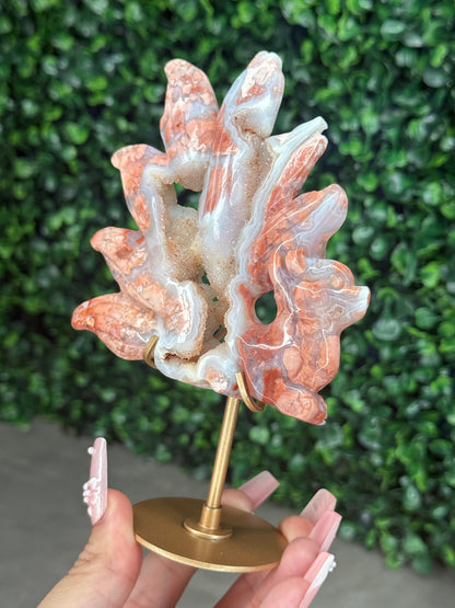 Pink Agate Nine-Tailed Fox Carving with Gold Stand