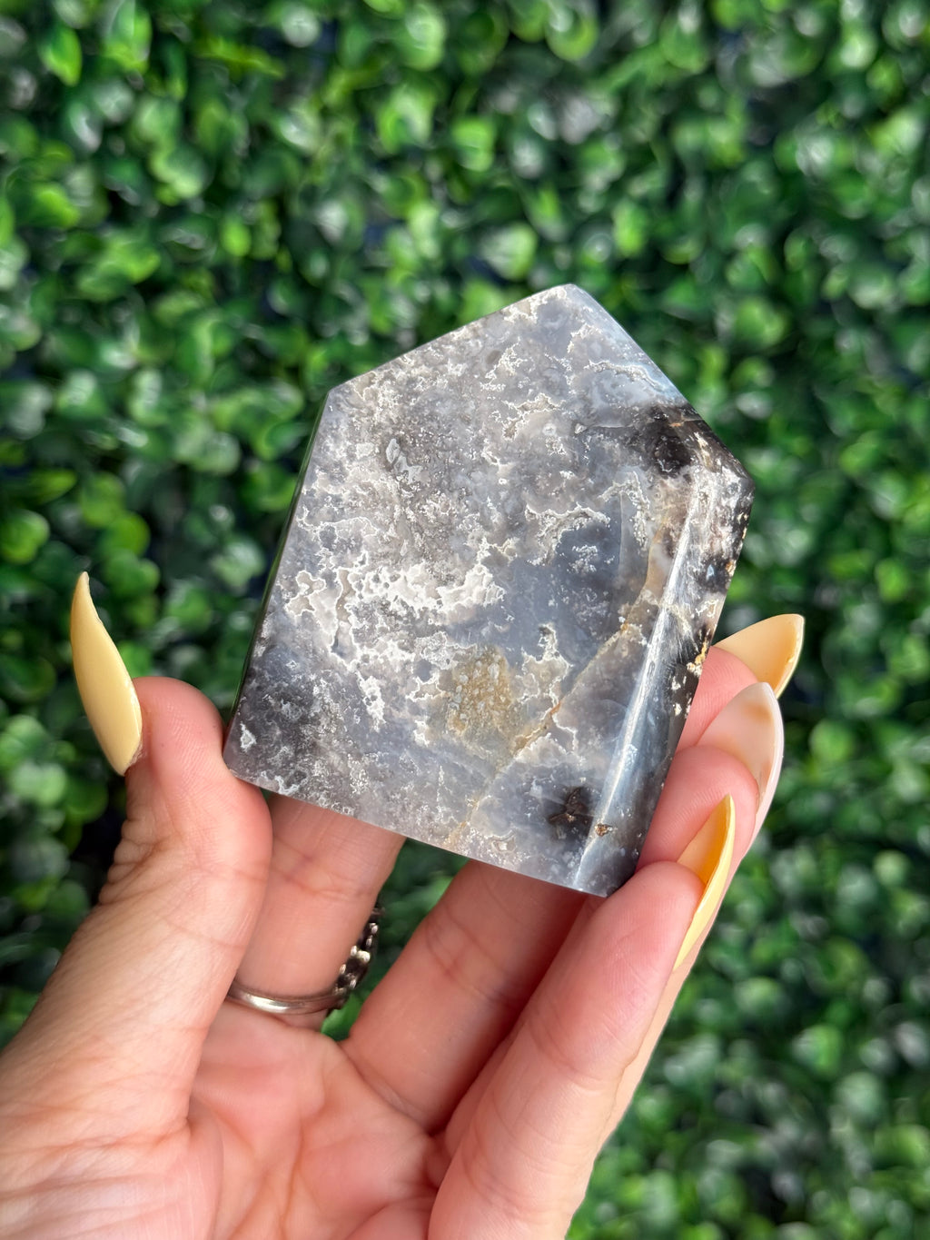 Blue Plume Agate Heart Tower Carving from Indonesia E