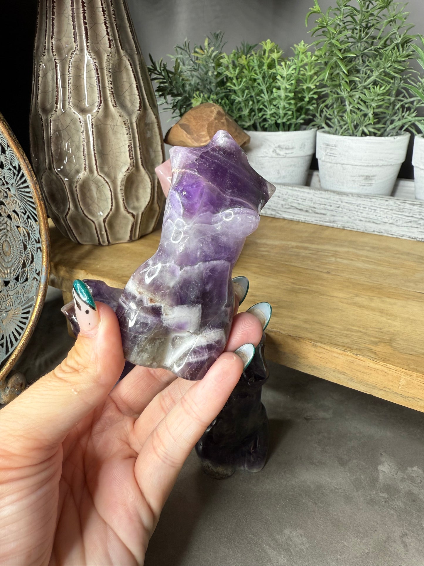 Rose Quartz & Amethyst Goddess Crystal Carvings