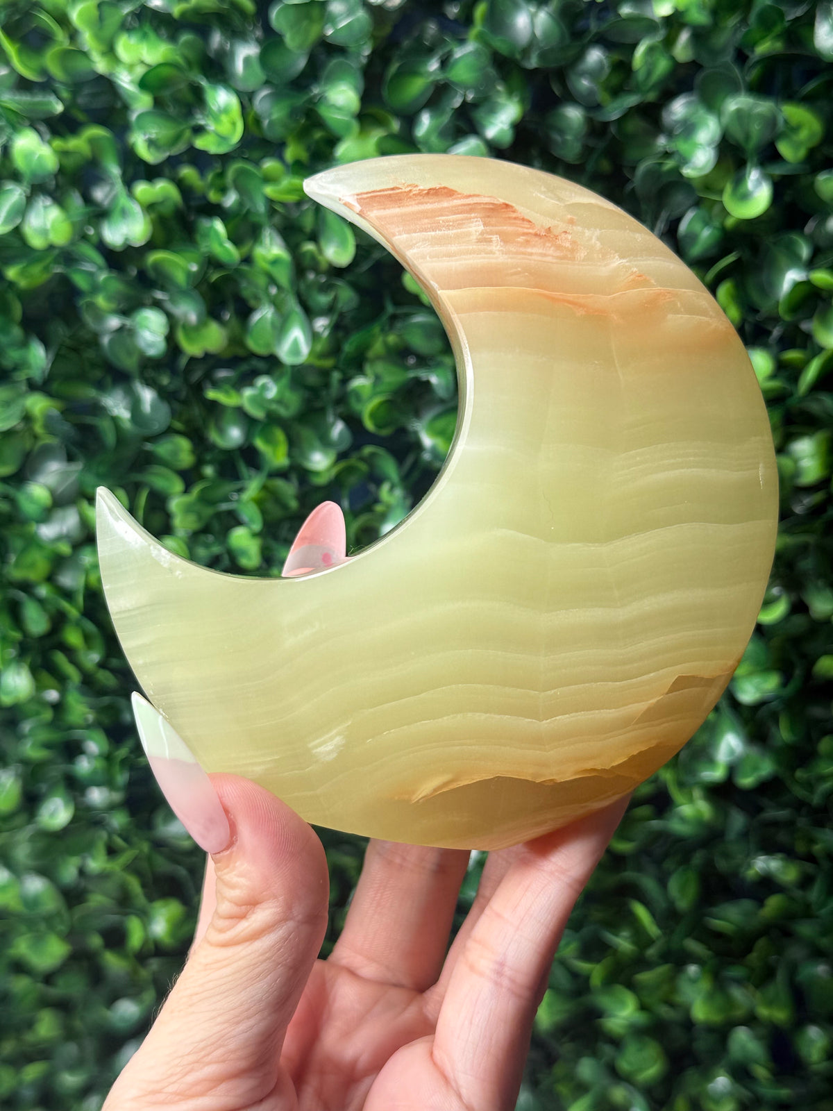 Green Banded Onyx Standing Moon Crystal Carving - Pakistan - A