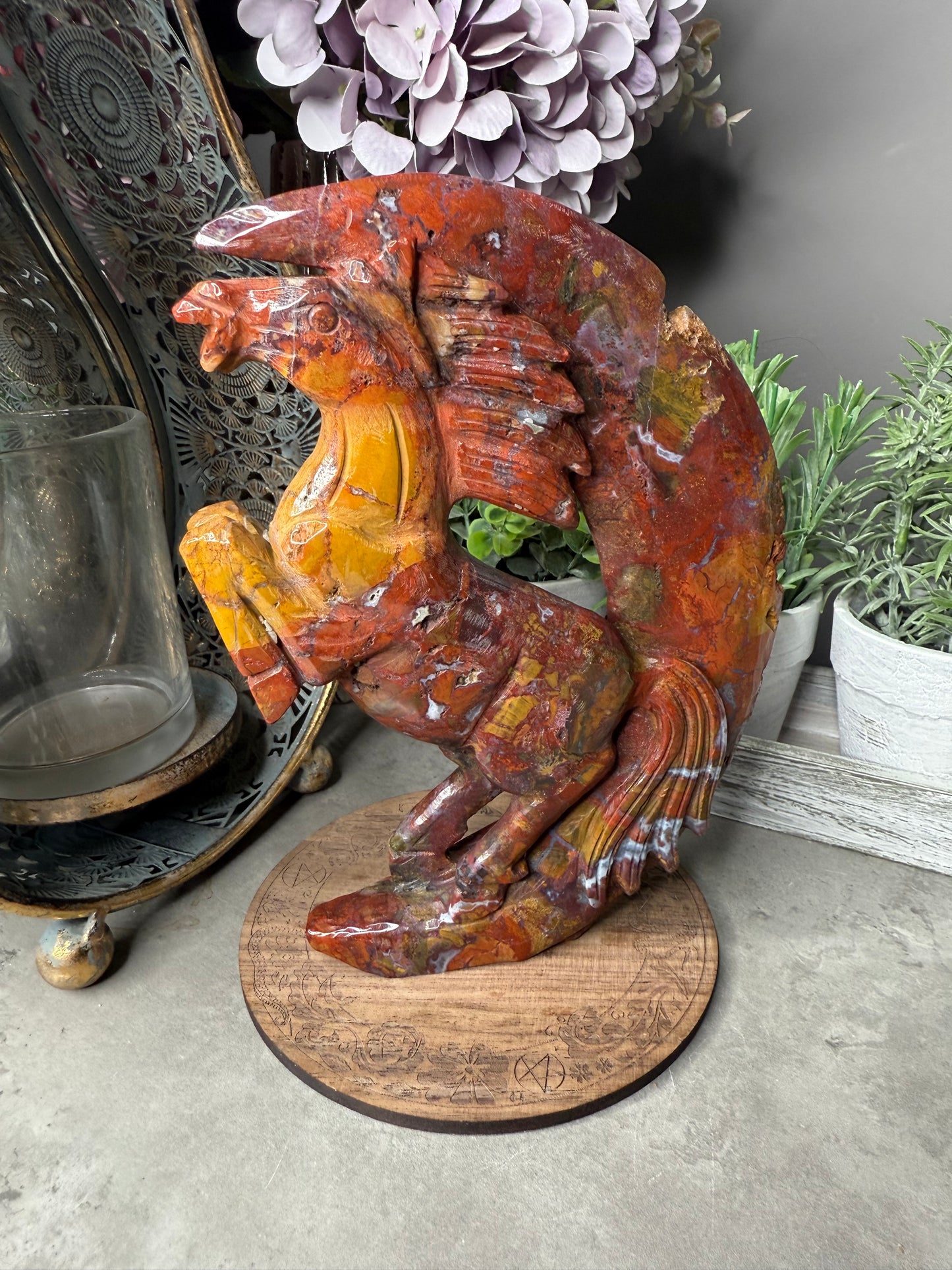 Ocean Jasper Rearing Horse & Moon Carving