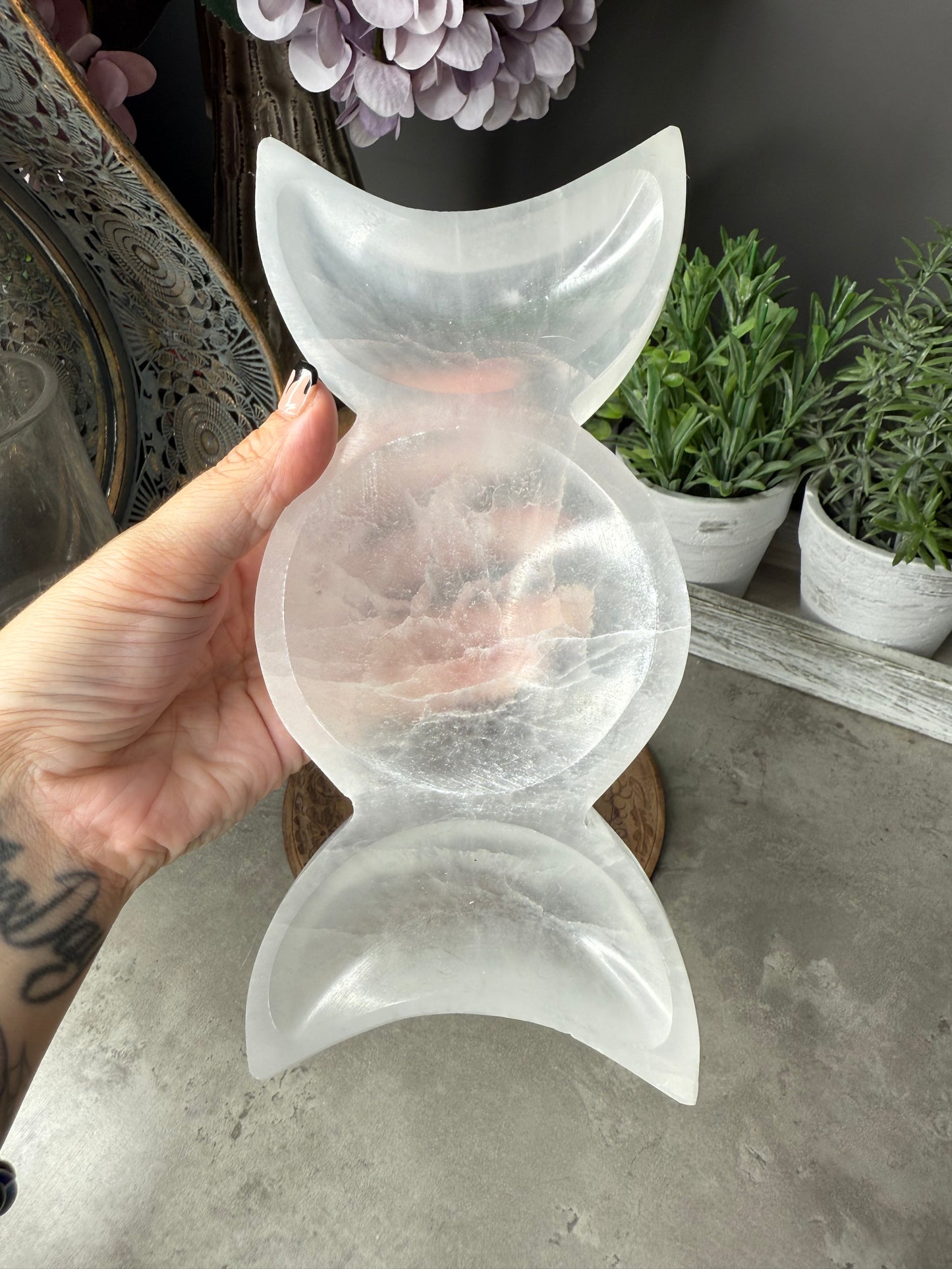 Triple Moon Selenite/Satin Spar Large Crystal Tray Witchcraft Alter
