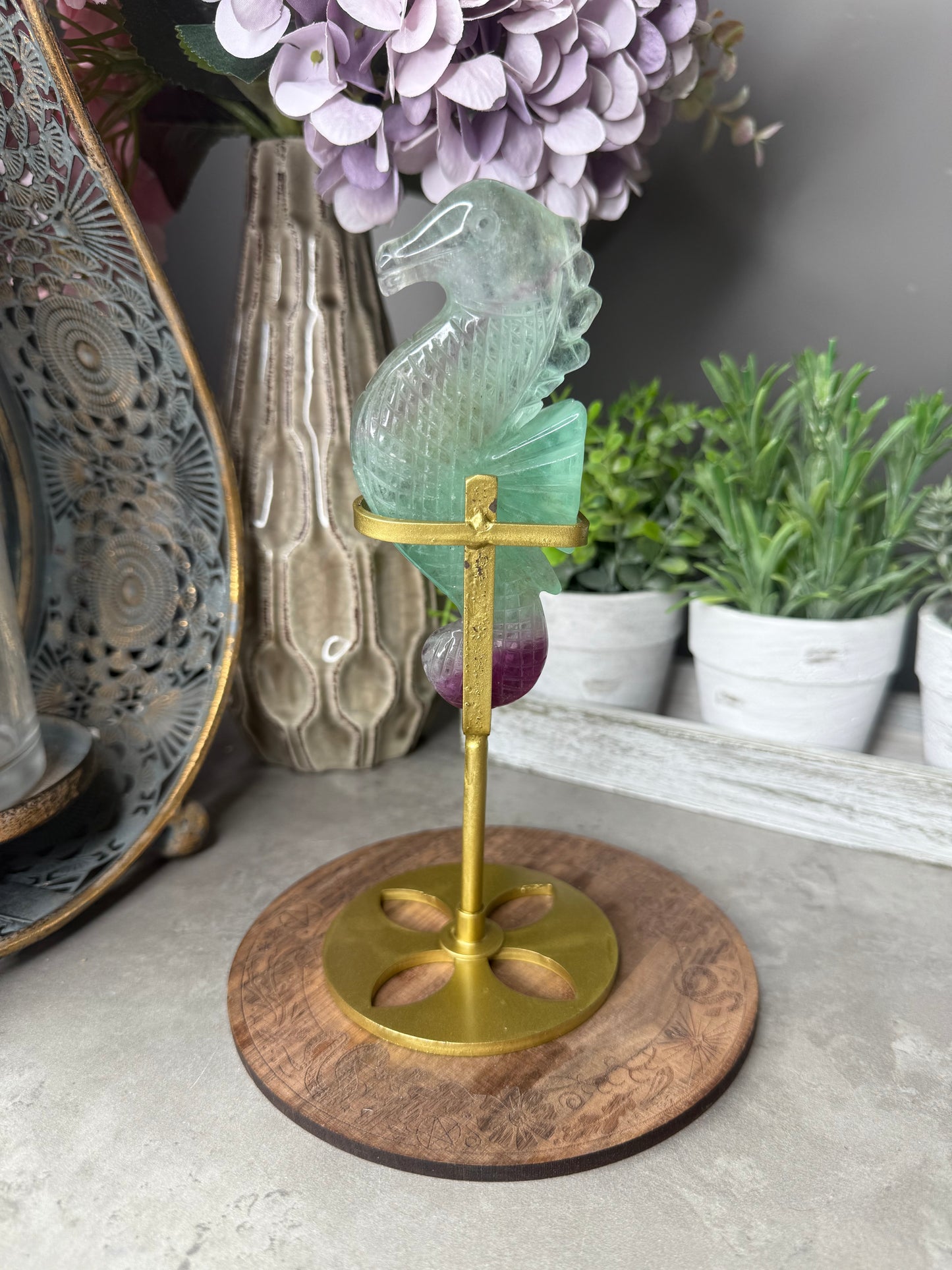 Rainbow Fluorite Seahorse with Gold Stand