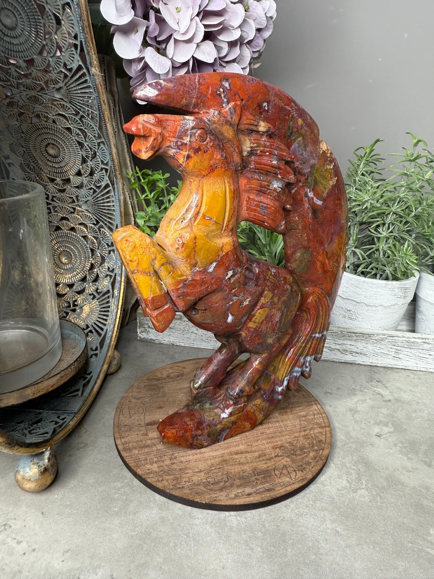 Ocean Jasper Rearing Horse & Moon Carving
