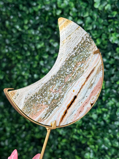 Pink Ocean Jasper moon Crystal carving from Indonesia