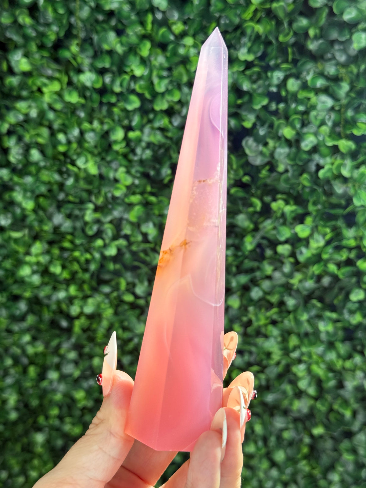 Pink Jelly Agate Obelisk Tower Crystal Carving - B 155g