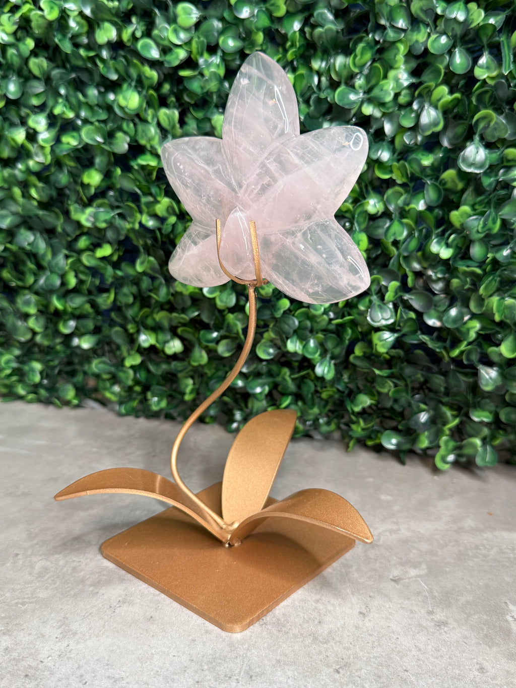 Rose Quartz Lotus Flower with Custom Gold Stand Crystal Carving