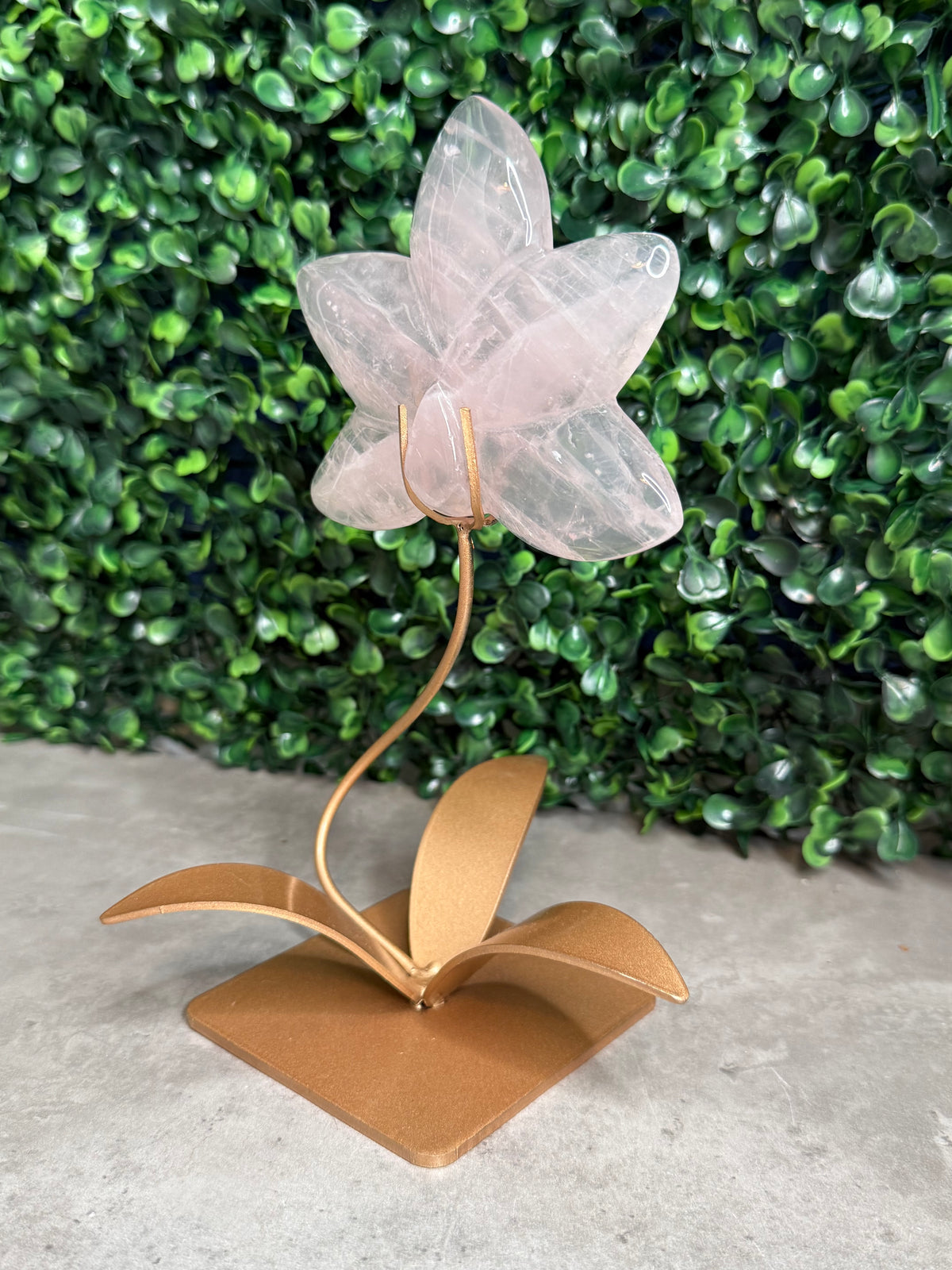Rose Quartz Lotus Flower with Custom Gold Stand Crystal Carving