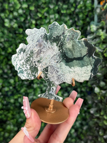 Green Jasper Family Tree Carving with Gold Stand – Indonesia