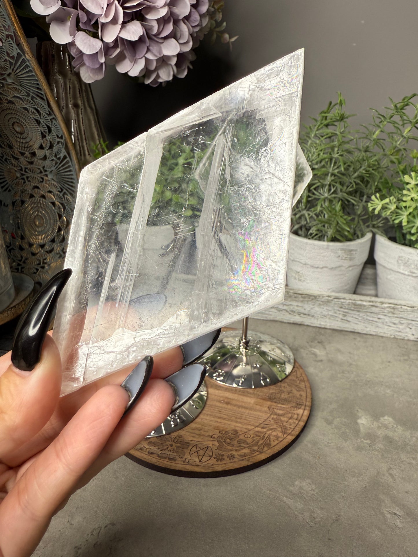 Selenite Rhombus Crystal on Silver Stand